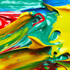 Wall Mural - Macro shot of oil painting. Abstract background yellow, red and green smeared strokes of paint