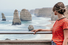 Lady Looks Towards Tourist View At Port Campbell.