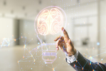 Poster - Man hand clicks on abstract virtual creative light bulb with human brain hologram on blurred office background, artificial Intelligence and neural networks concept. Multiexposure