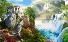 A Waterfall High In The Mountains. Fabulous View. Waterfall In The Jungle. Photo Wallpapers. Digital Mural On The Wall.