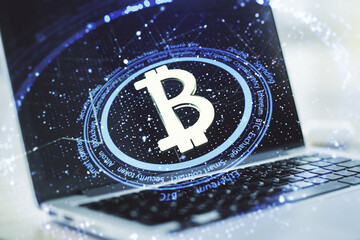 Poster - Creative Bitcoin concept with modern computer background. Double exposure