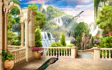 Fabulously Beautiful View From The Terrace To The Mountain Waterfall. Photo Wallpapers, Wallpaper On The Wall.
