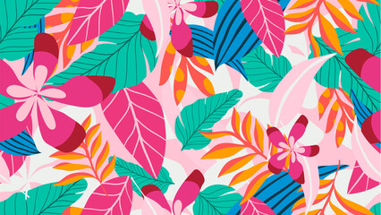 Wall Mural - abstract foliage botanical seamless background. colorful wallpaper of tropical plants, flowers, flor