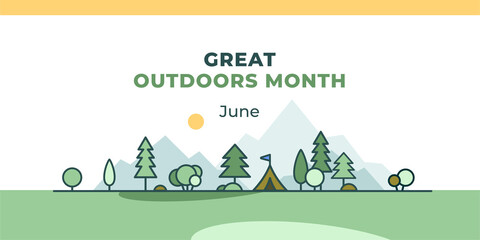 Great outdoors month. Vector web banner, poster, card for social media, networks. Text Great outdoors month, June. june. The image of a tent in the forest against the background of mountains