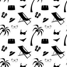 Seamless Summer Pattern With Beach Elements Such As Palm, Bag, Hat, Swimsuit, Flip Flops, Sunglasses, Chair. Vector Illustration With Black Silhouette