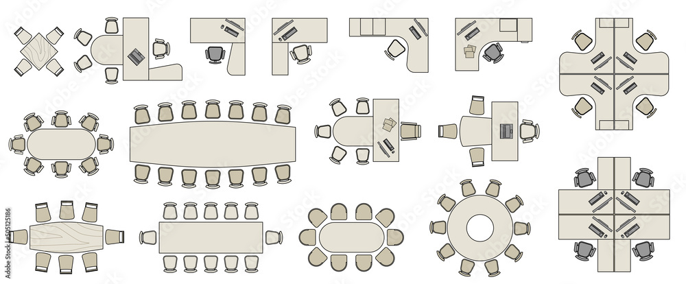 Office Furniture elements top view vector set. Kit for plan of office ...