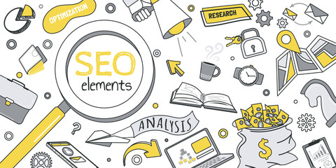 Aufkleber - Seo elements concept for banner design with flat line doodle pattern. Hand drawing texture with marketing, search, analysis, computer, optimization, diagram, data, keyword. Vector illustration for web