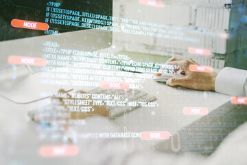 Aufkleber - Multi exposure of abstract programming language hologram with hands typing on computer keyboard on background, artificial intelligence and machine learning concept