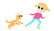 The girl plays with the dog, she runs, and the animal catches up. The girl is dressed in trousers and a sweatshirt. Friendship between man and dog. The child is happy and cheerful.