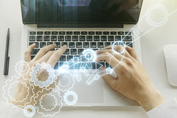Aufkleber - Creative abstract robotics technology sketch and hands typing on computer keyboard on background, future technology and AI concept. Double exposure