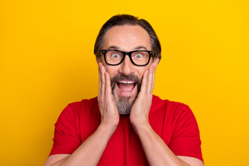 Sticker - Photo of mature excited man hands touch cheeks information discount isolated over yellow color background