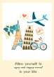 Motivating poster template with illustration of tourism elements, hobby and travel concept illustration