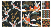Japanese Seamless Patterns Set With Landscapes, Oriental Cherry Flowers, Cranes And Pagodas. Vector Illustration.