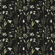 Seamless pattern of watercolor forest greenery and grasses, illustrations on a dark background