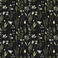 Seamless pattern of watercolor forest greenery and grasses, illustrations on a dark background