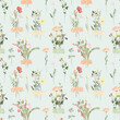 Seamless pattern of watercolor wildflower bouquets on the scotch, summer herbarium, illustrations on a green background