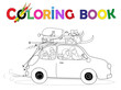 Malvorlage Familie fährt mit dem Auto in Winterurlaub, 
Skiurlaub, Coloring Book, 
Vektor Illustration isoliert auf weiß
