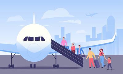 Line of cartoon passengers boarding plane. People getting on flight, business trip, airport flat vector illustration. Tourism, traveling, aviation industry concept for banner or landing web page