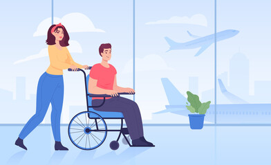 Poster - Man with physical disability in wheelchair in airport. Female helping male with getting on flight, inclusive airport flat vector illustration. Accessibility, traveling, journey concept for banner