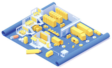 Wall Mural - Vector isometric warehouse building on blueprint. Warehouse racking, forklifts with boxes, van and truck loaded with goods, offices, pallets with crates, container