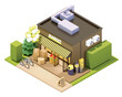 Vector isometric supermarket or grocery building. Shop building with awnings. Shop opening with balloons