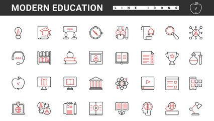 Wall Mural - Modern education technology thin red and black line icons set vector illustration. Abstract data science documents, computer, digital lessons and library with list of online books for students study