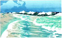 Japanese Stylee Wood Print Stylized Graphic Illustration Of A Beach With Waves Coming Crashing In