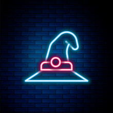 Glowing Neon Line Witch Hat Icon Isolated On Brick Wall Background. Happy Halloween Party. Colorful Outline Concept. Vector