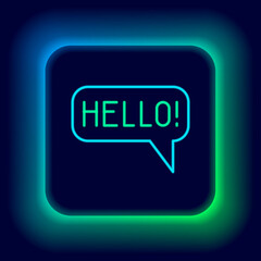 Sticker - Glowing neon line Hello in different languages icon isolated on black background. Speech bubbles. Colorful outline concept. Vector