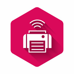 Poster - White Smart printer system icon isolated with long shadow. Internet of things concept with wireless connection. Pink hexagon button. Vector