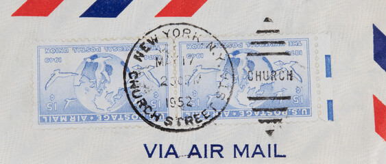  briefmarke stamp vintage retro alt old new york usa amerika america church street 1952 blau blue globe friedenstaube peace dove erde brieftaube carrier pigeon 15 cent