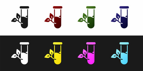 Sticker - Set Laboratory glass and leaves icon isolated on black and white background. Chemical test tube with leaf. Eco Lab. Vector