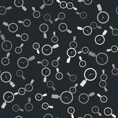 Poster - grey magnifying glass with clock icon isolated seamless pattern on black background. vector
