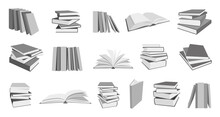 Book Stack Isometric Education Monochrome Flat Set. Pile Various Magazine Notebook Thick Encyclopedia World Book Day. School Sticker Planner Diary Design Collage Cozy Tab. Concept Read Study Isolated