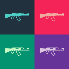 Canvas Print - Pop art Submachine gun icon isolated on color background. Kalashnikov or AK47. Vector