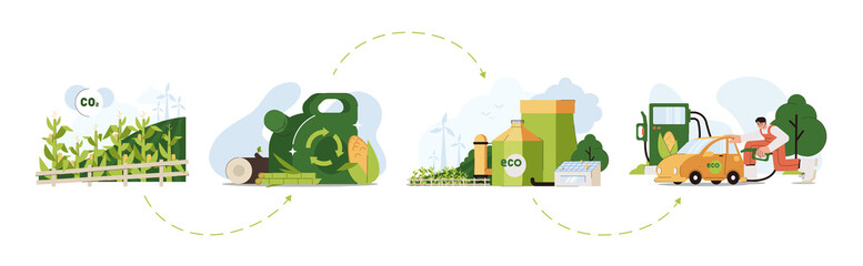 biofuel life cycle flat vector illustration. biodiesel or biogas production green energy from corn p