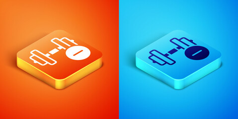 Sticker - Isometric Dumbbell icon isolated on orange and blue background. Muscle lifting, fitness barbell, sports equipment. Vector