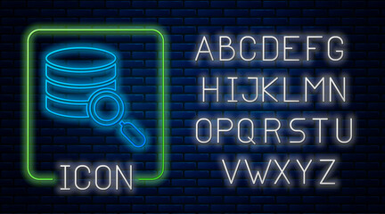 Poster - Glowing neon Server, Data, Web Hosting icon isolated on brick wall background. Neon light alphabet. Vector