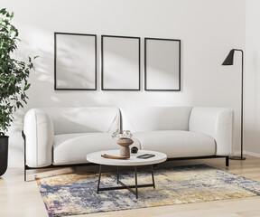 Wall Mural - empty poster frames mock up in home interior on white wall, 3d rendering