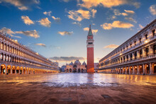 Venice, Italy At St. Mark's Square With The Basilica And Bell Tower