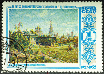 Wall Mural - USSR - CIRCA 1952: A stamp printed in USSR Russia shows a painting Moscow Courtyard by Polenov with the same inscription, series 25th death anniversary of Polenov , circa 1952