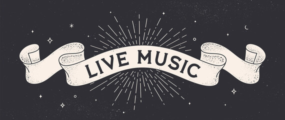 live music. vintage ribbon with text live music. black white vintage banner with ribbon, graphic des