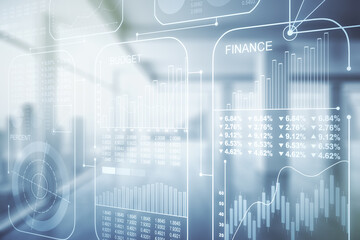 Aufkleber - Multi exposure of stats data illustration on empty corporate office background, computing and analytics concept