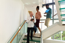 Albino Businessman With African American Mid Adult Colleagues Moving Down On Steps In Office