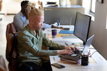 Confident African American Mid Adult Businessman With Albino Using Laptop While Working In Office