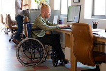 African American Albino Mid Adult Businessman Sitting On Wheelchair While Using Laptop At Desk