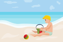 Vector Illustration Of A Child Playing On The Beach In Summer. A Child Plays With A Bucket On The Beach.