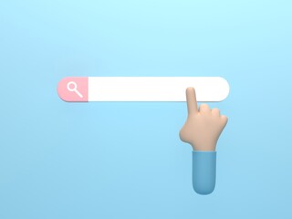 Poster - 3D render 3D illustration. Hand click search bar on blue background. Searching for website, cartoon style concept.