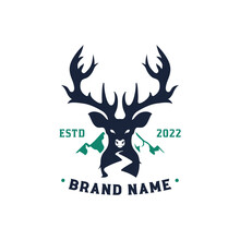 Dark Blue Deer Logo Design With Green Mountain And River. A Deer Illustration Shilouette Vector.