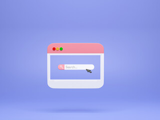 Poster - 3D rendering, 3D illustration. Minimal video media player Interface with Search bar. Concept of searching internet data and web browsing